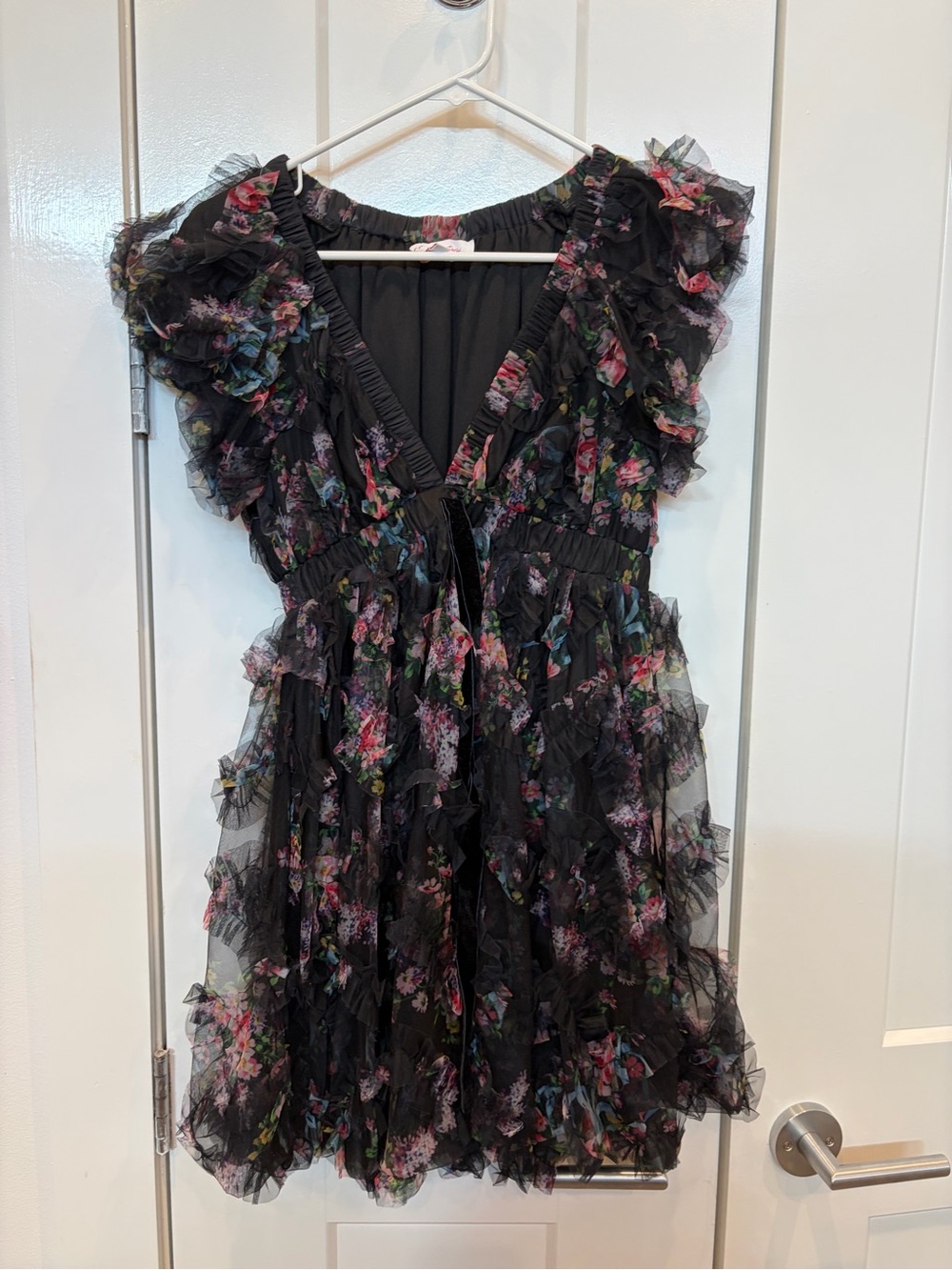 Girls' Black Floral Ruffle V-Neck Dress